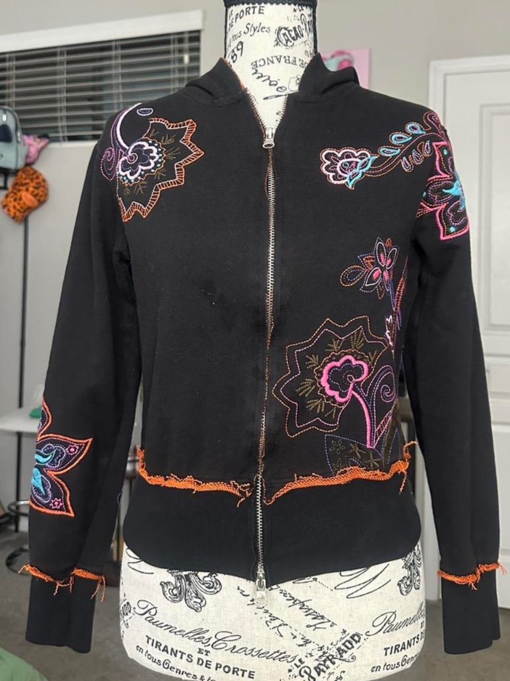 GRAIL EURO Embroidered black zip-up with double zipper and orange stitching!!